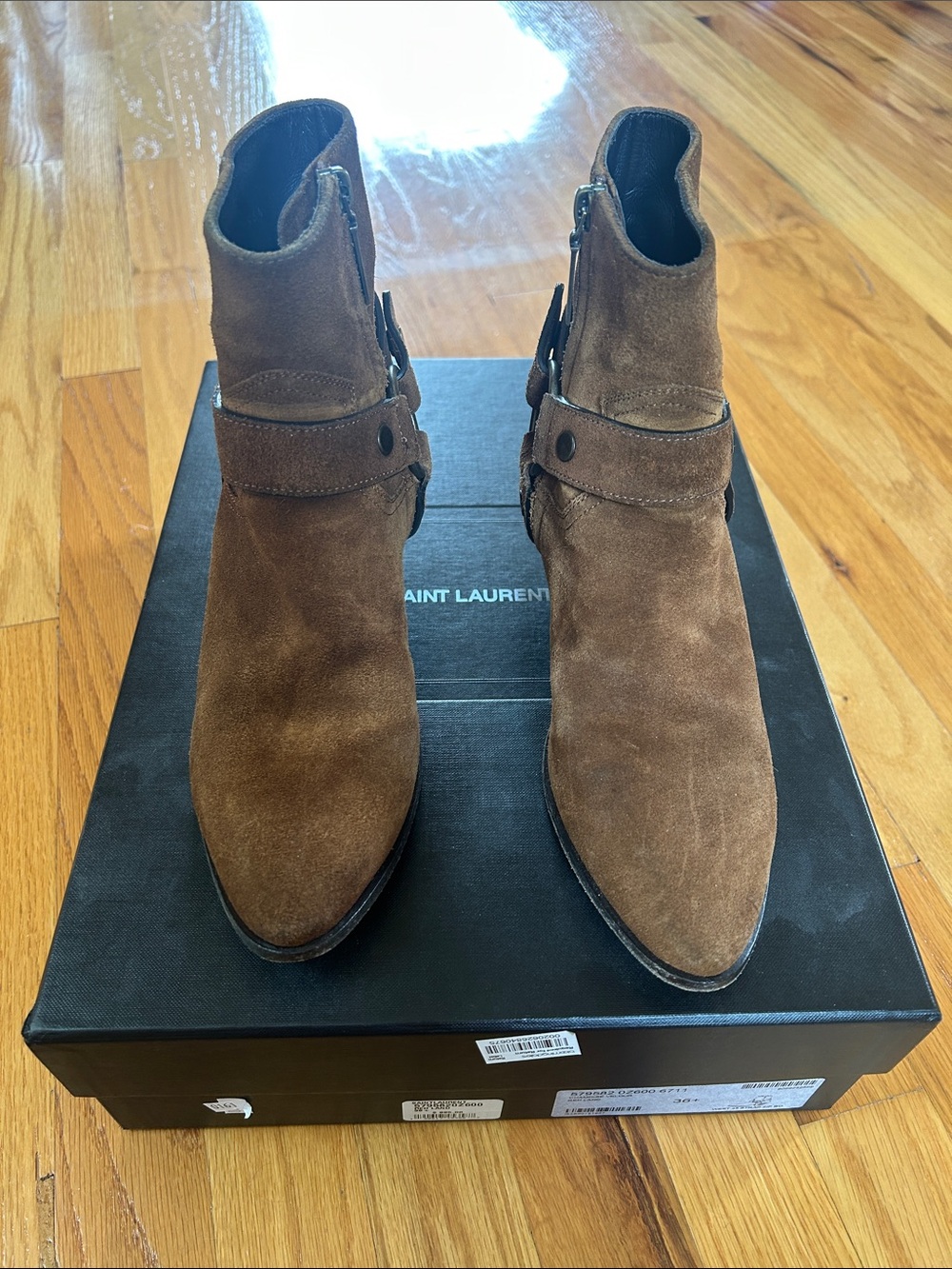 Saint Laurent Brown Suede Ankle Booties with Strap Detail